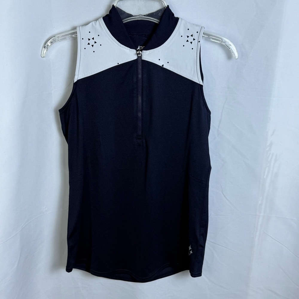 Jofit Womens XS Navy Blue White Quarter Zip Sleeveless Golf‎ Top Laser Cut Mock